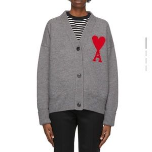 Ami Alexandre Mattiussi -Grey Merino Oversize Ami De Coeur Cardigan